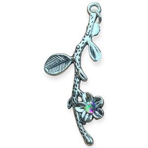 VTG Silver Tone Metal Flower Branch Pendant 1.75 Inch AB Iridescent Rhinestone